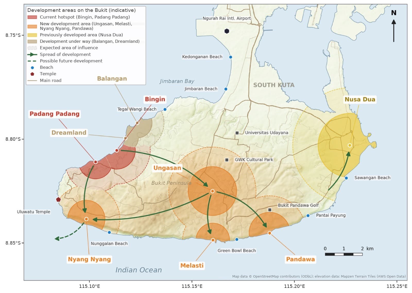 Map of the Bukit peninsula with current hotspots, new development areas and the direction of expansion