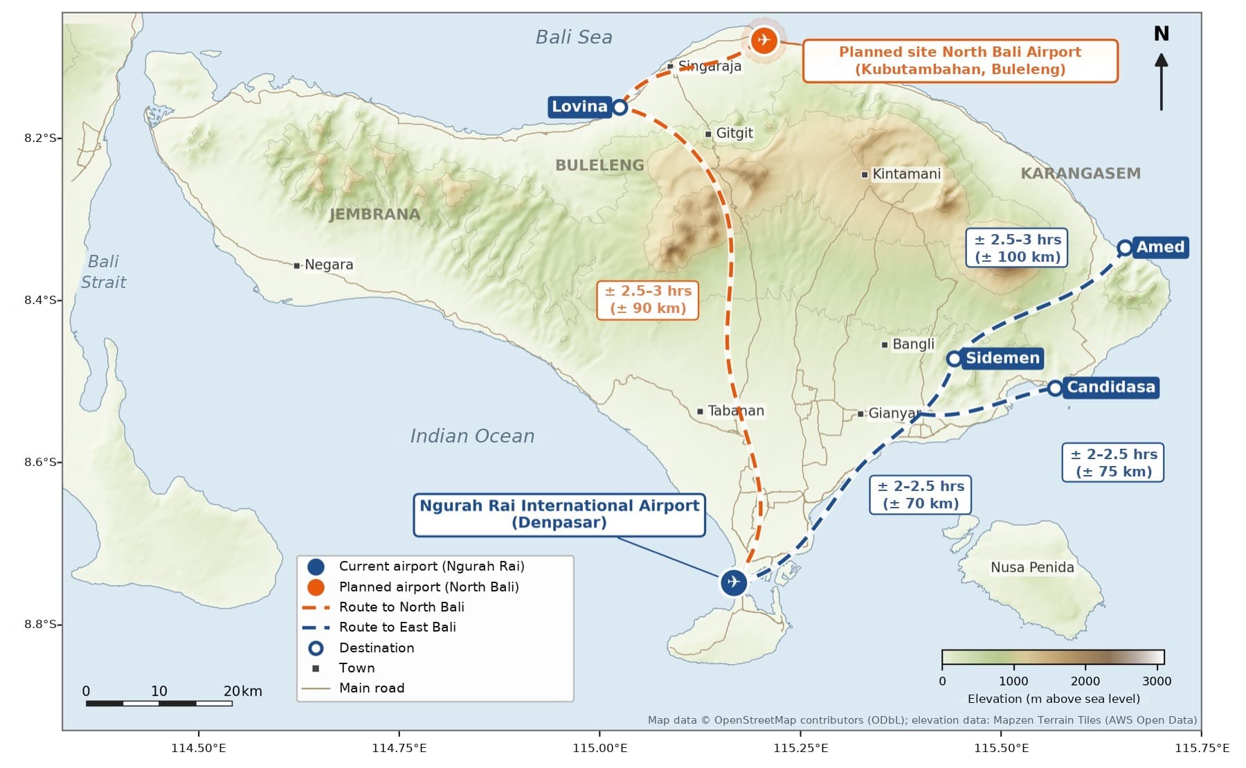 Map of Bali with travel times from the airport to Lovina, Sidemen, Candidasa and Amed and the planned North Bali airport