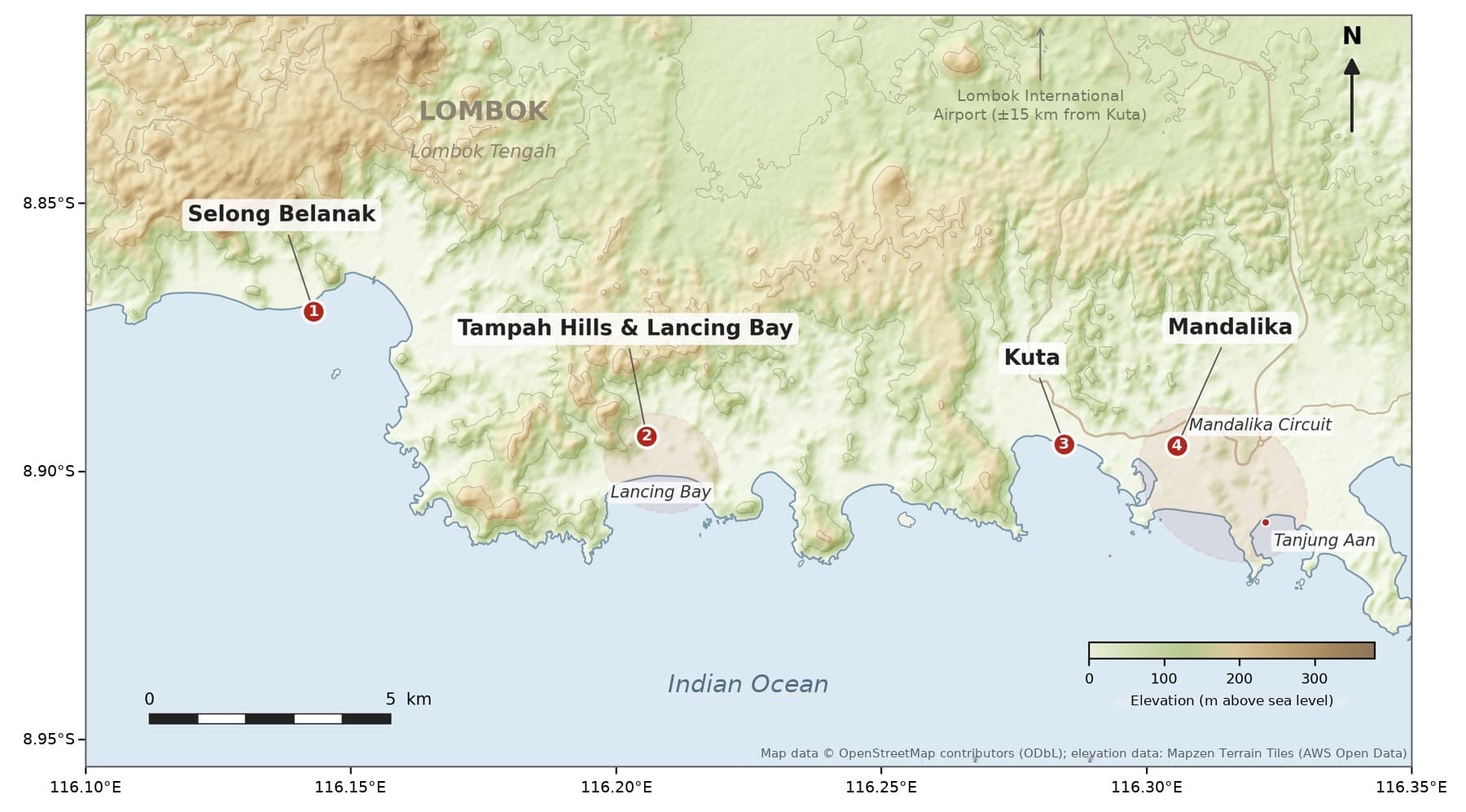 Map of South Lombok with Selong Belanak, Tampah Hills and Lancing Bay, Kuta, Mandalika and Tanjung Aan