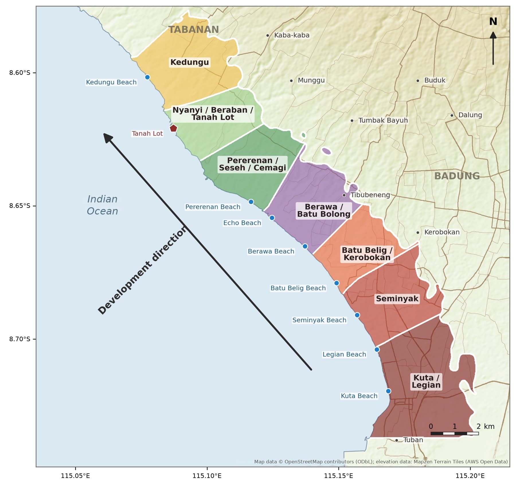 Map of Bali's west and southwest coast with the development direction from Kuta toward Kedungu