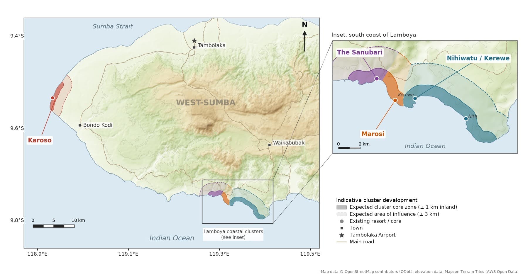Map of West Sumba with the expected coastal clusters at Karoso and on the Lamboya south coast